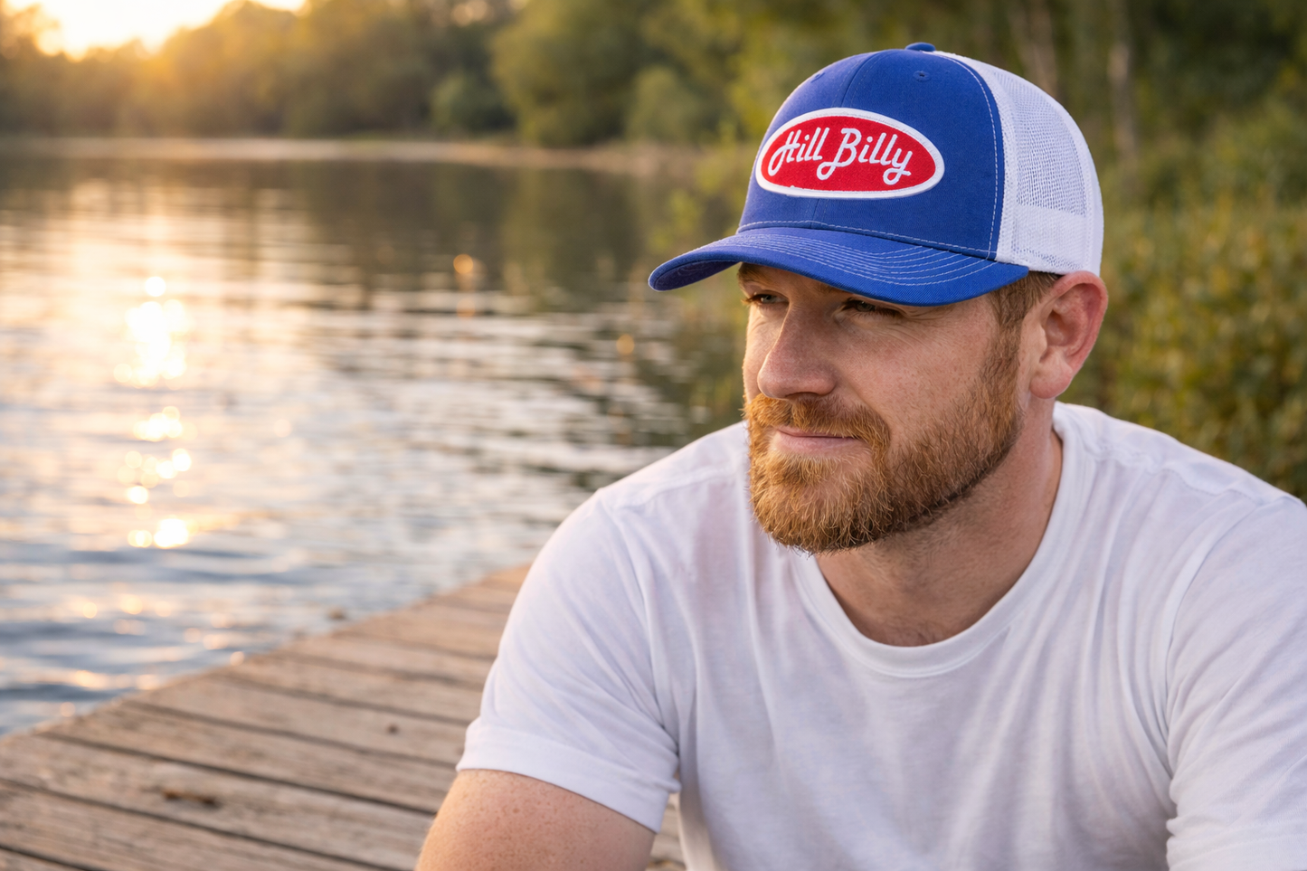 HillBilly Blue and White Pro style Trucker Hat-Red Patch