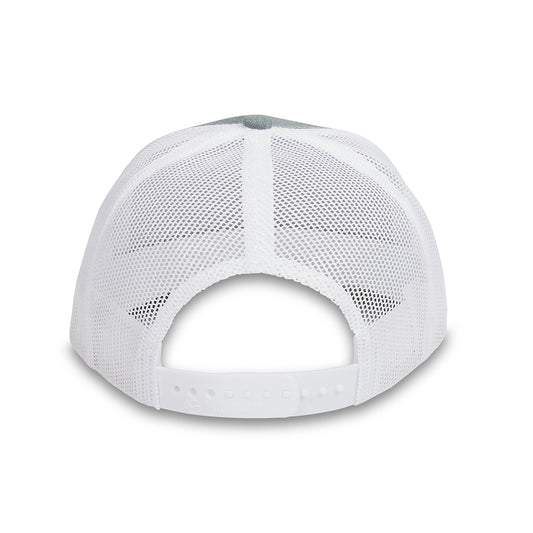 HillBilly grey and white pro style trucker hat with black patch and snapback closure