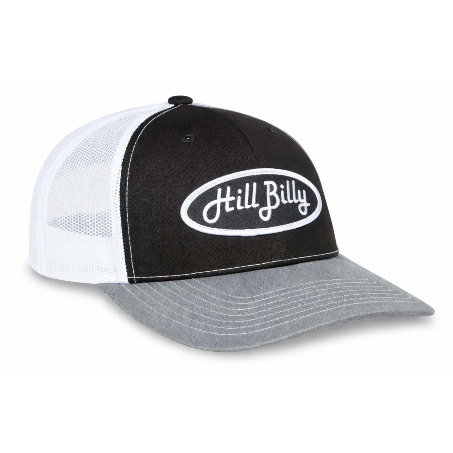 HillBilly Black Gray & White Pro style Trucker Hat-Black Patch
