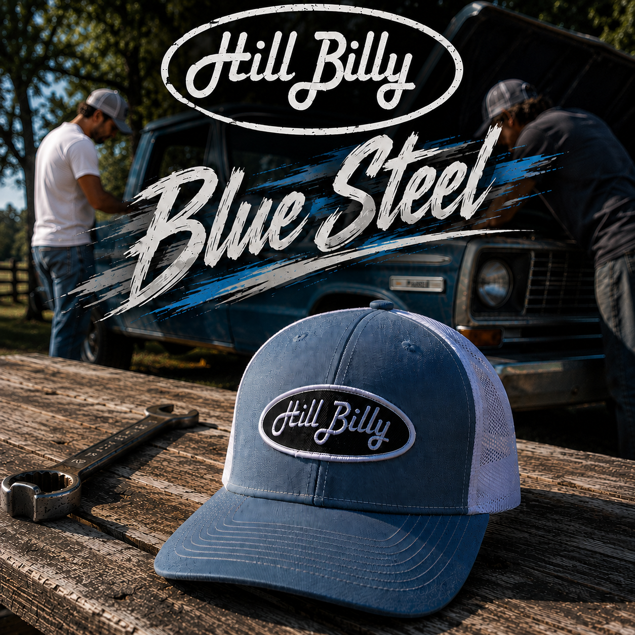 HillBilly Blue Steel and White Pro Style Trucker Hat-Black Patch