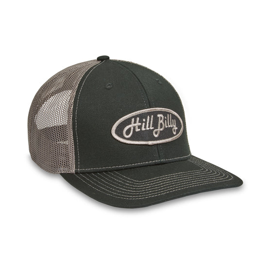 HillBilly Black and Gray Pro style Trucker Hat-Black Patch