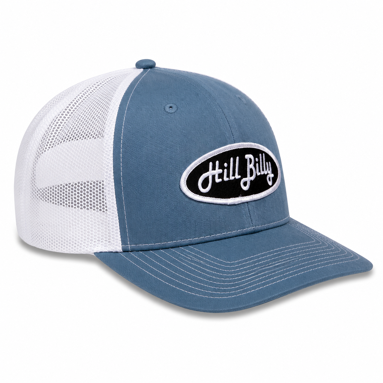 HillBilly Blue Steel and White Pro Style Trucker Hat-Black Patch