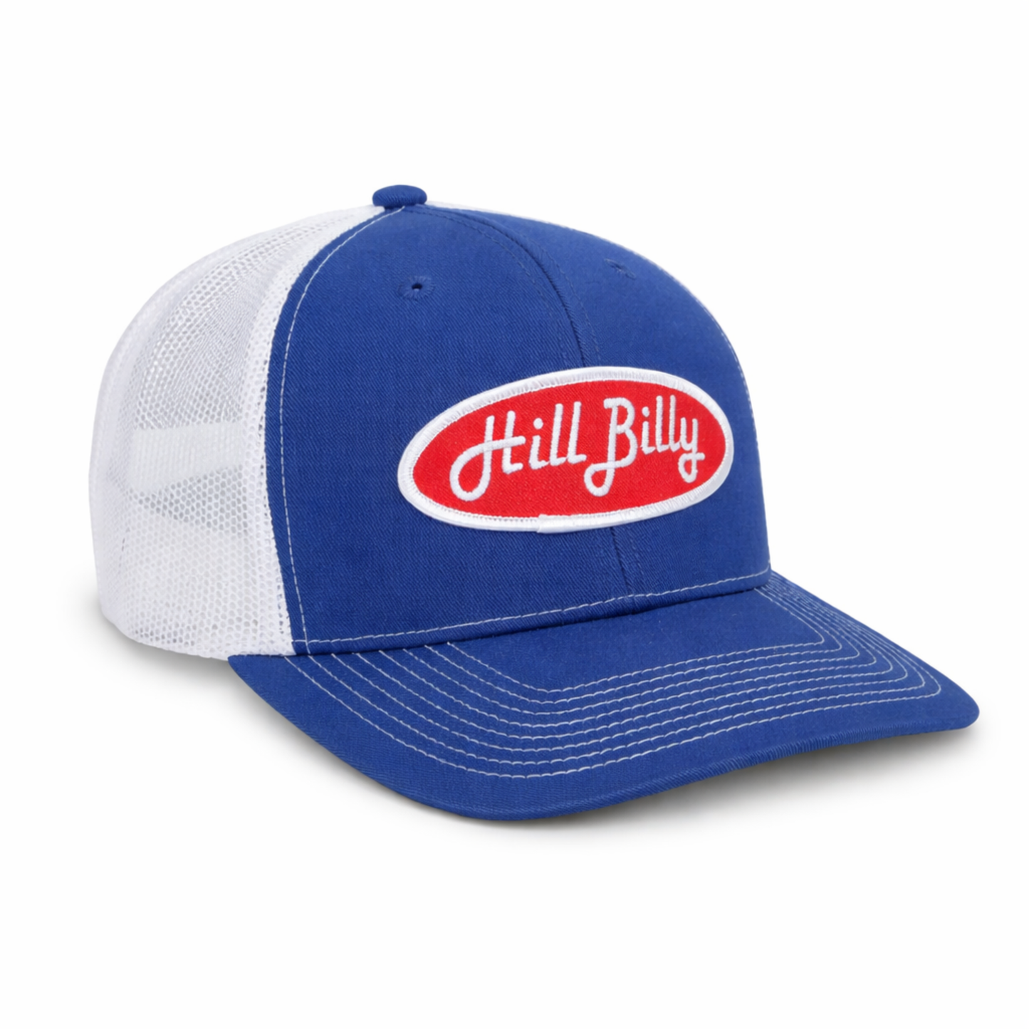 HillBilly Blue and White Pro style Trucker Hat-Red Patch