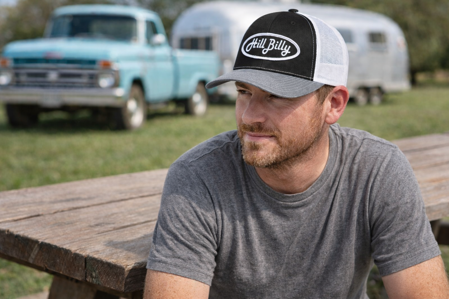 HillBilly Black Gray & White Pro style Trucker Hat-Black Patch
