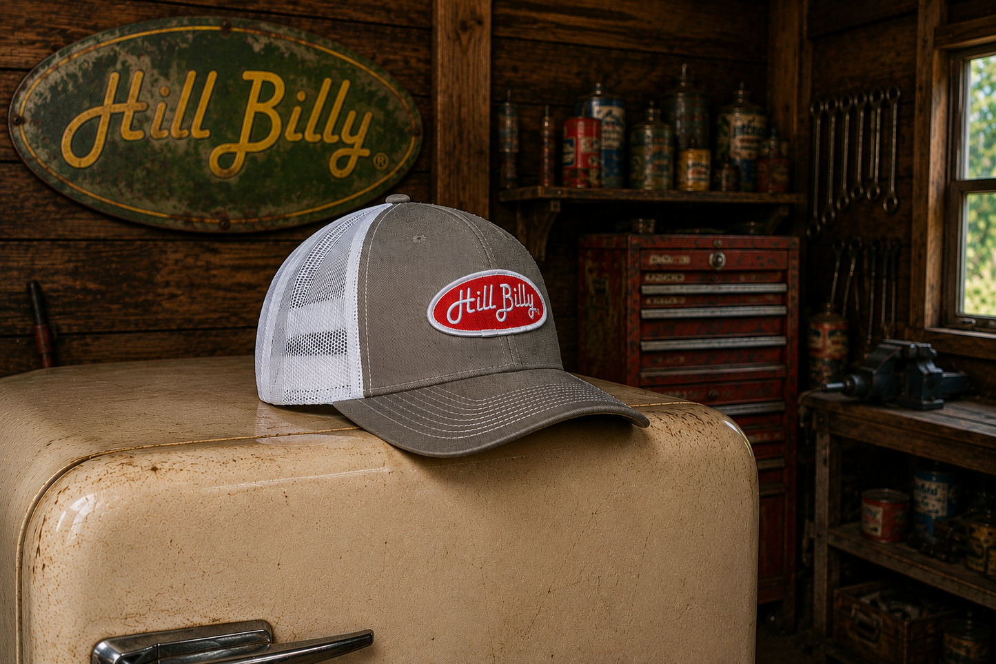 HillBilly slate gray and white pro style trucker hat with red patch and snapback closure