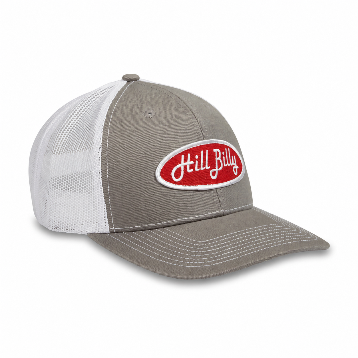 HillBilly slate gray and white pro style trucker hat with red patch and snapback closure