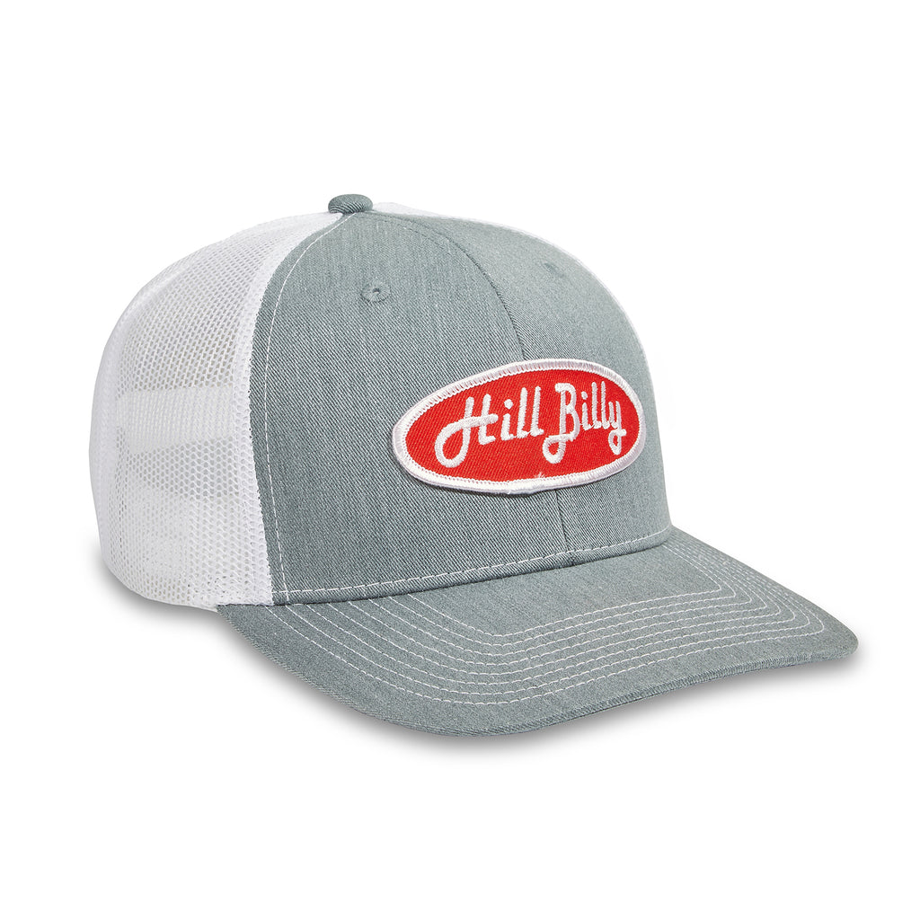 HillBilly grey and white pro style trucker hat with red patch and snapback closure