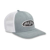 HillBilly grey and white pro style trucker hat with black patch and snapback closure